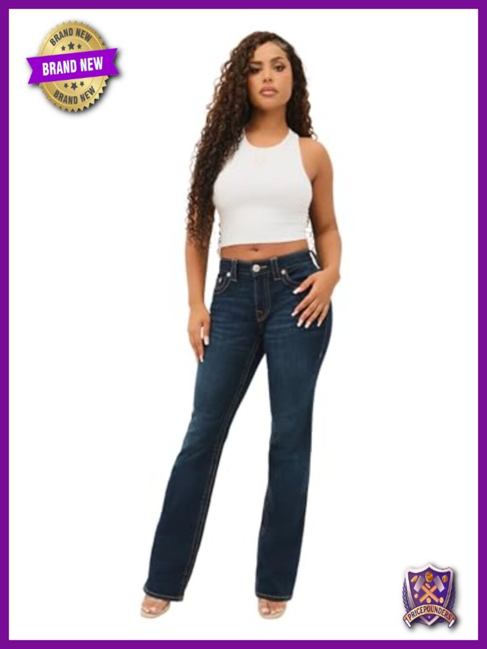 Mid Rise Bootcut Jeans Crystal Flap Pocket Stretch Denim